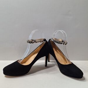 Ukies Jennifer Quiet Luxury Black Suede Chain Strap Pumps Size EU 37 (US 6.5-7)